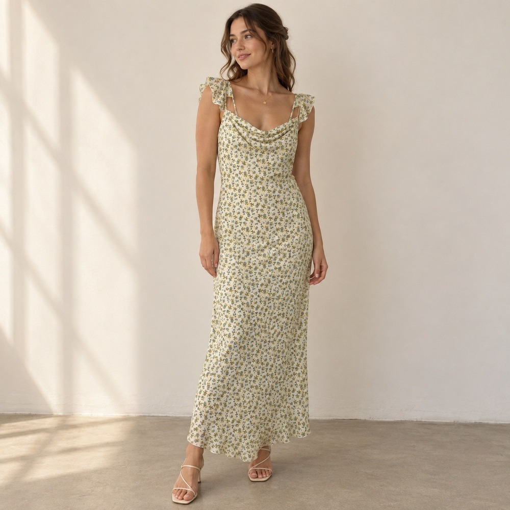Kirious Los Angeles Floral Cowl Neck Maxi Dress Cream Yellow Blue Ruffle Medium